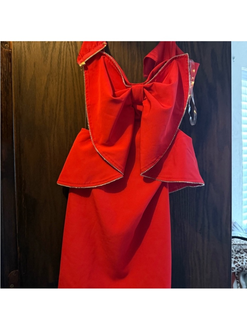 Red Ruffle Bow Spaghetti Strap Mini Dress - Picture 3 of 3